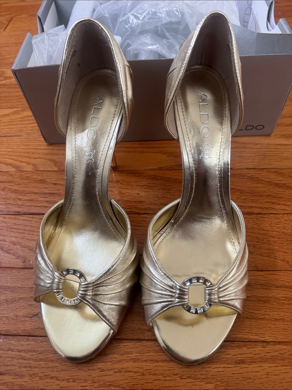 Aldo Metallic Gold Open-Toe Heels with Jewel Ring Accent